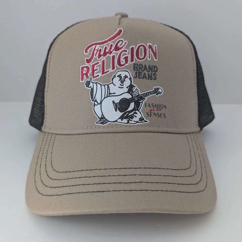 True Religion Buddha Embroidered Trucker‎ Hat Travertine Tan Black TR4241 NWT